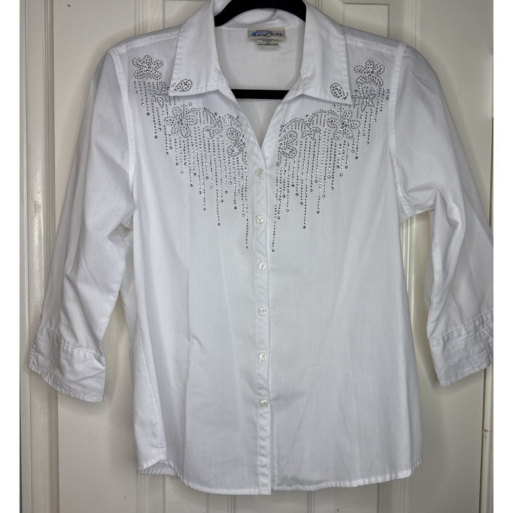 Vtg White Las Olas Womens XS Rhinestone Button-Up Shirt  Rodeo Western‎ Cowgirl
